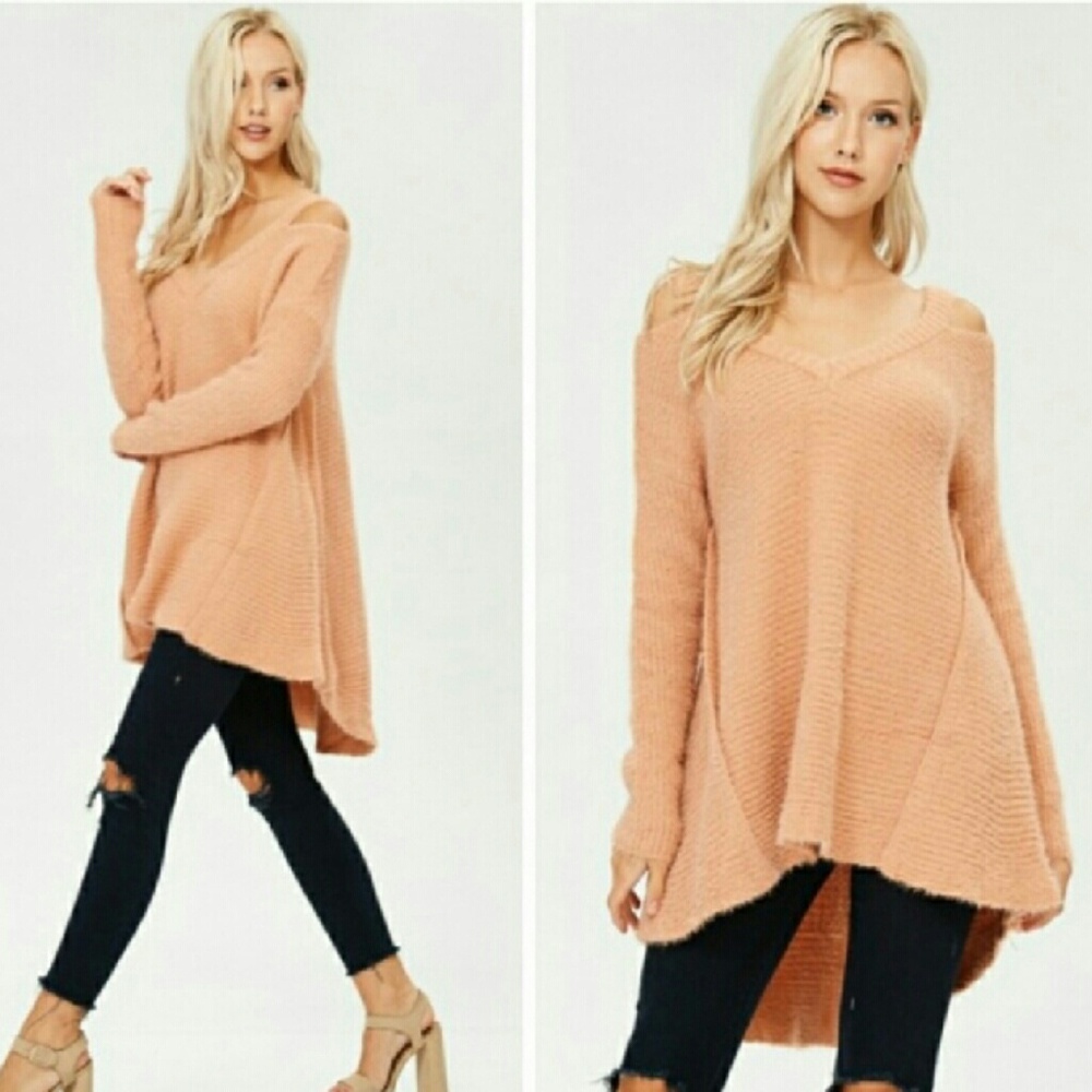 Soft Peach Sweater with Cold Shoulders